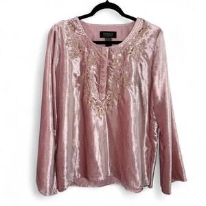 Liz Claiborne Pink Velvet‎ Tunic Top L Boho Fairycore Whimsy Glam Embroidered